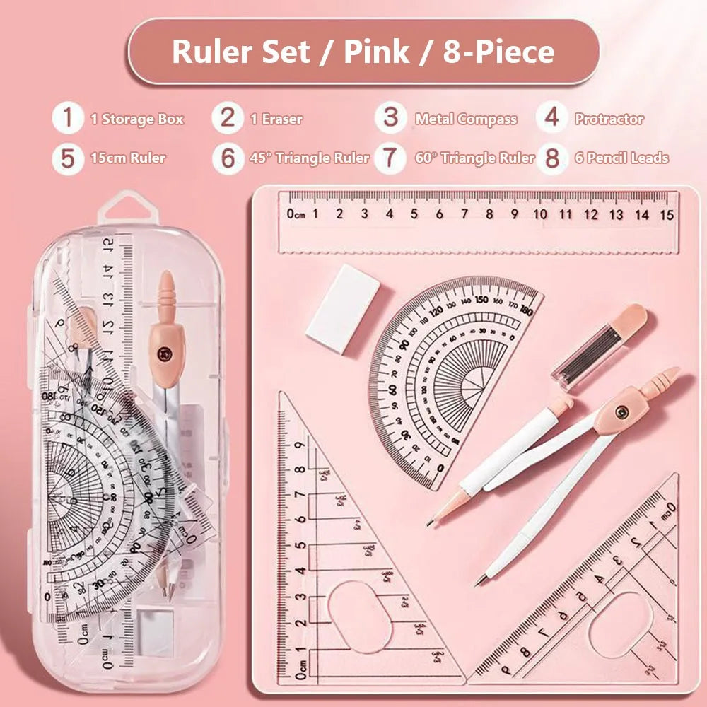 8-Piece Student Geometry Set – Rulers, Compass & Protractor Geometry Drawing Set Axl Pink 8PCS B