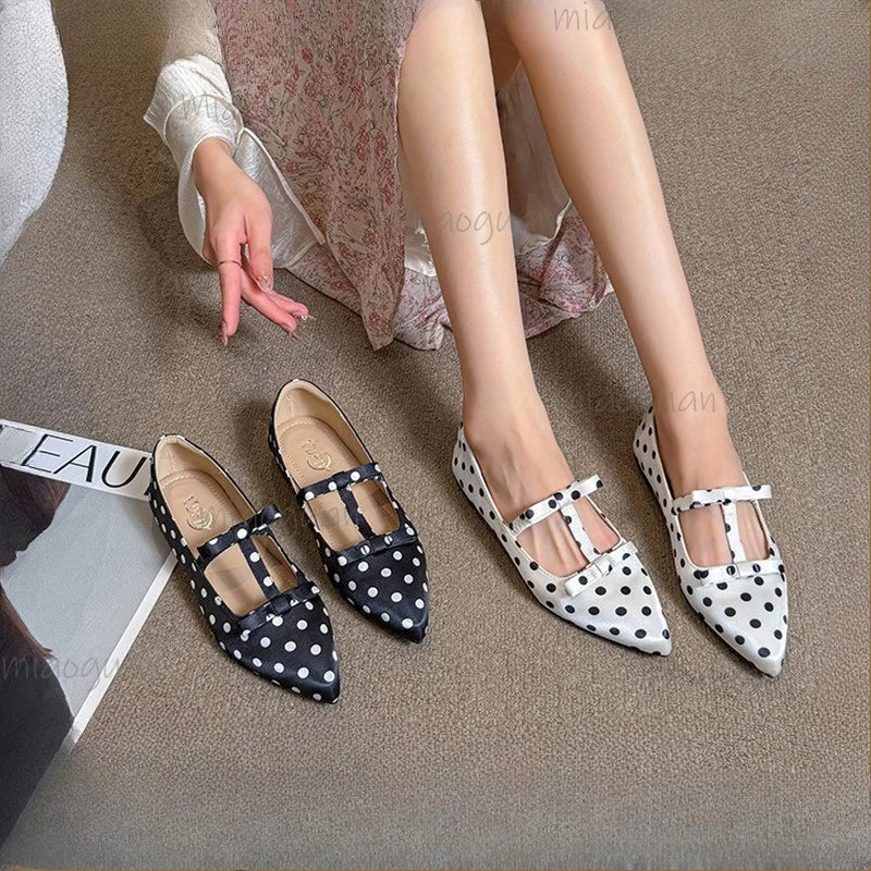 Women's Polka Dot Mary Jane Flats – Bow Pointed Toe Loafers Mary Jane Flats Axl