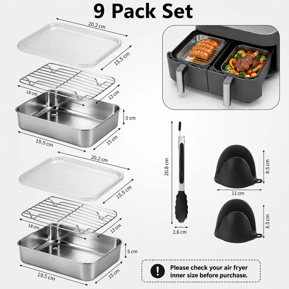 Dual Zone Air Fryer Stainless Steel Baking Pan & Rack Set Air Fryer Accessory Set Axl 9 Pack Set