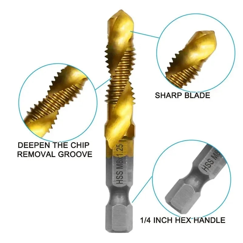 6-Piece HSS Titanium Tap & Drill Integrated Set | Gold Coat Tap & Drill Set Axl