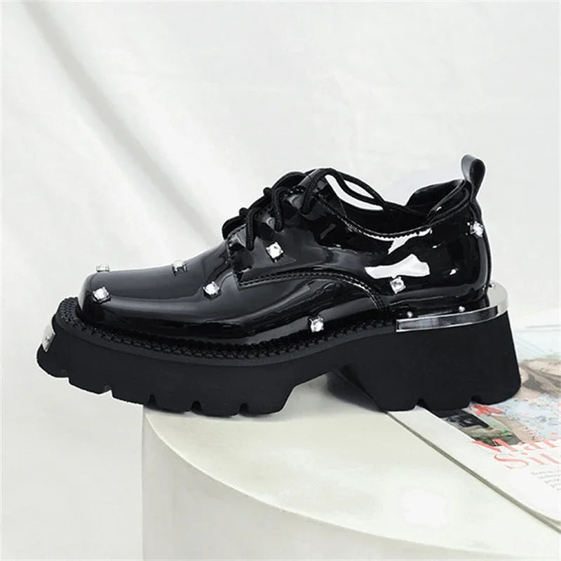 Women's Platform Oxford Derby Shoes | Square Toe Rivet Lace-Up Platform Oxford Shoes Axl black 37
