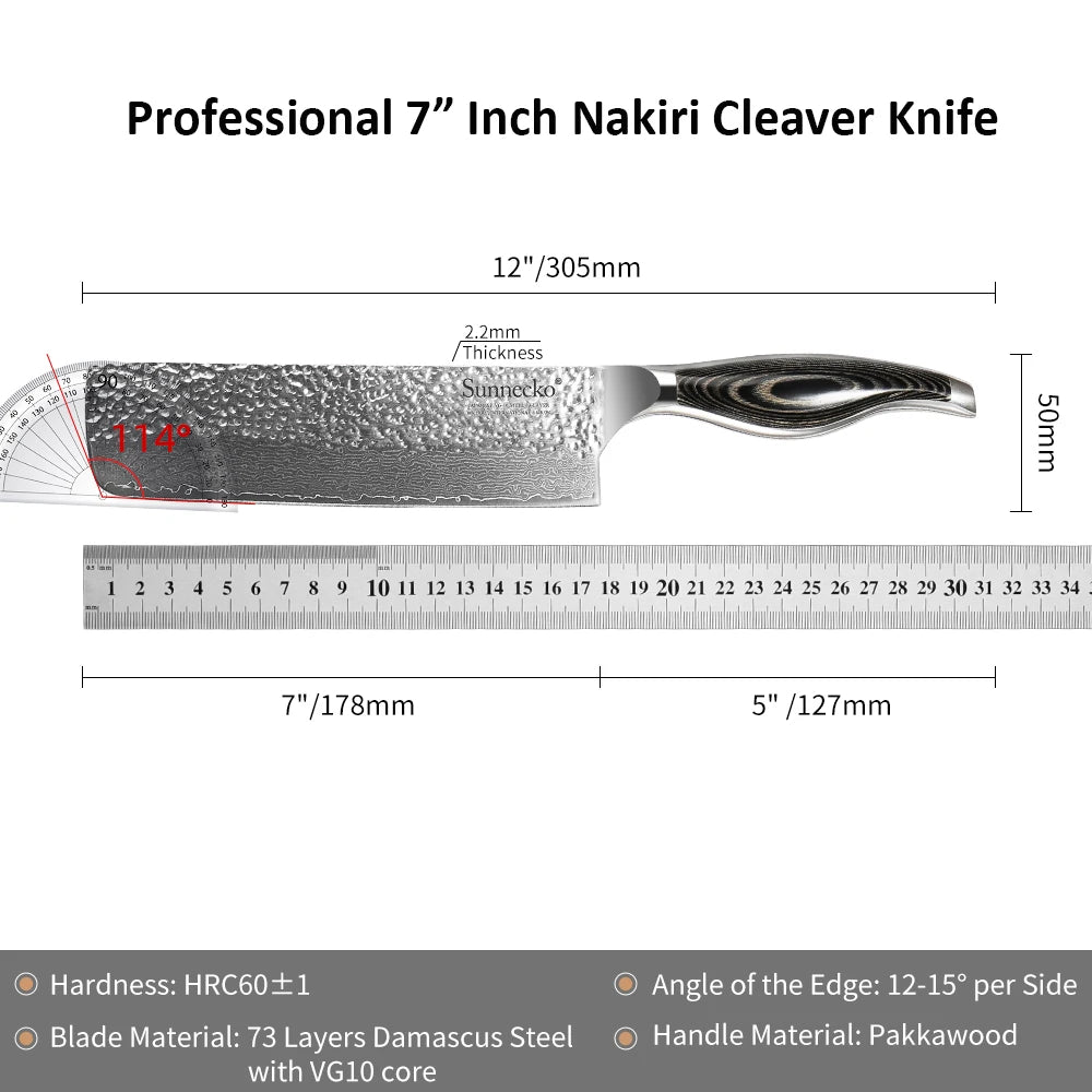 Sunnecko 7" Nakiri Knife VG10 Damascus Steel Kitchen Cleaver Damascus Kitchen Knife Axl