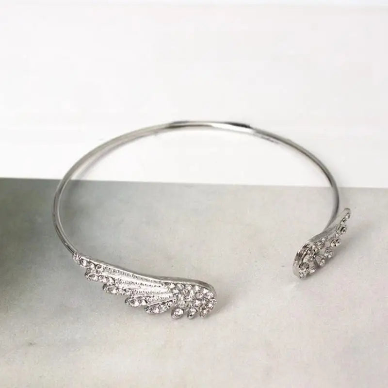 Angel Wings Silver Open Bangle Bracelet – Adjustable Women's Cuff Bangle Bracelet Axl