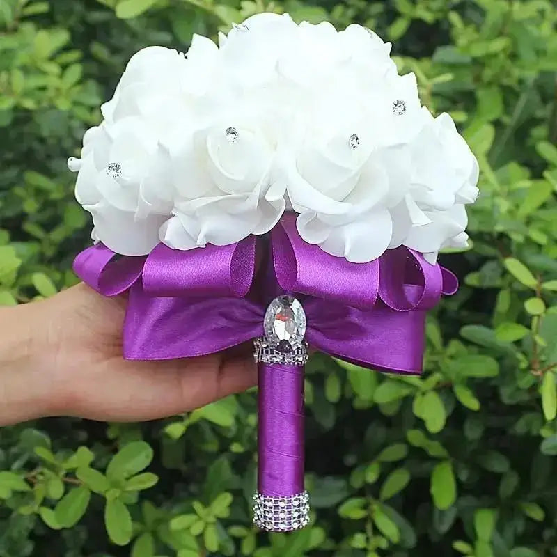 Crystal Rose Pearl Bridal Bouquet – Silk Artificial Wedding Flowers Artificial Bridal Bouquet Axl purple
