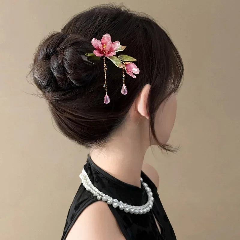 Floral Hair Stick – Chinese Style Pink Flower Tassel Hairpin Floral Hair Stick Axl