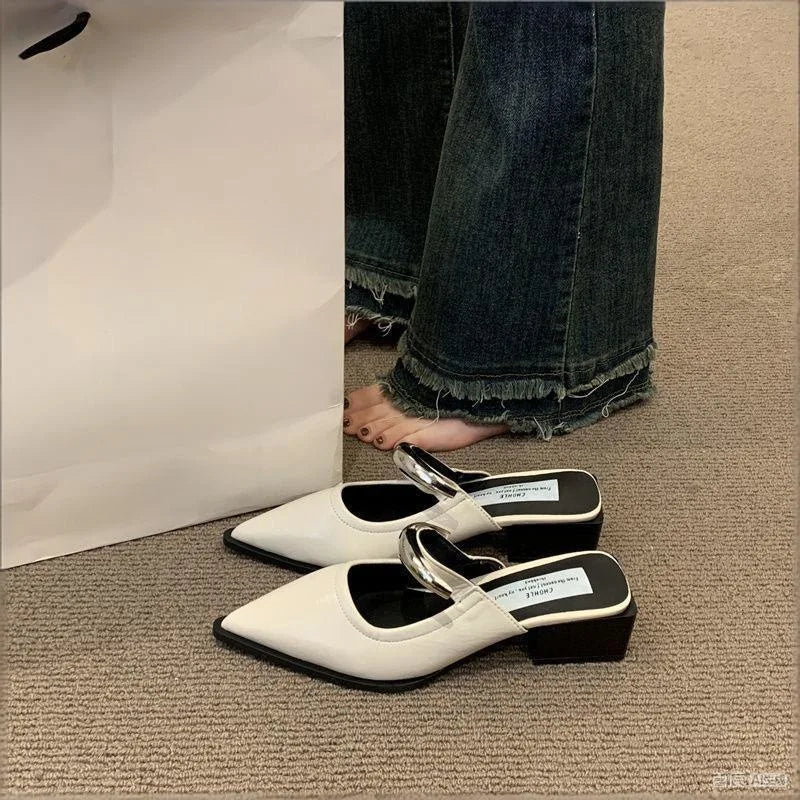 Women's Closed Toe Mule Slippers | Metal Detail Square Heel Slides Women's Mule Slippers Axl