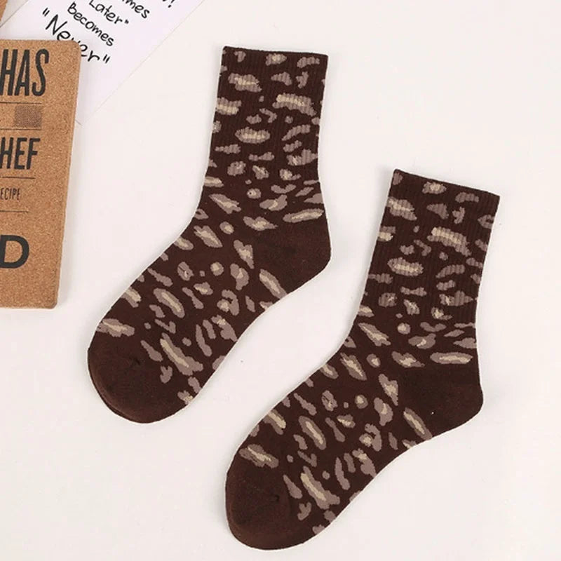 Leopard Print Crew Socks – Unisex Cotton Hip Hop Style Crew Socks Axl dark coffee