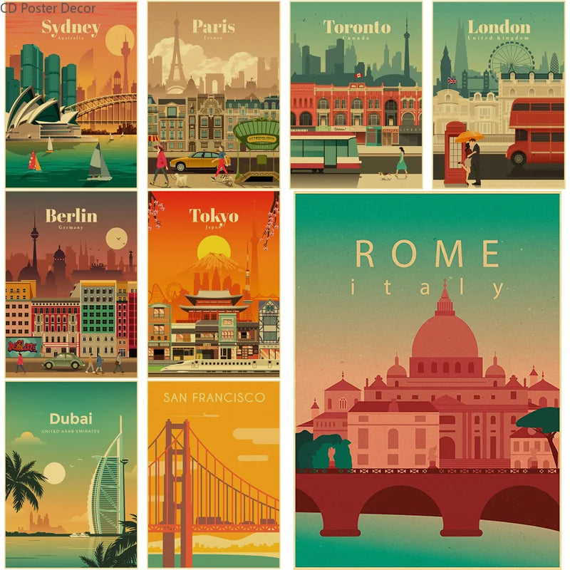 World Cities Retro Travel Poster – Rome Paris Sydney Dubai Art Travel Wall Poster Axl