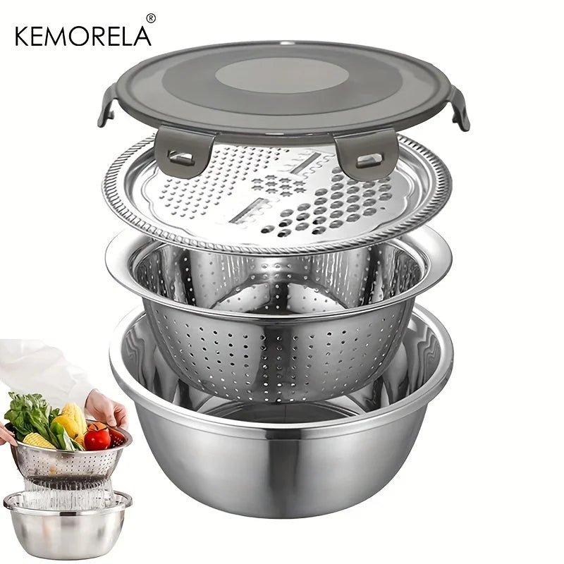 4-in-1 Stainless Steel Rice Washer Colander & Grater Basin Kitchen Colander Basin Axl 1Set