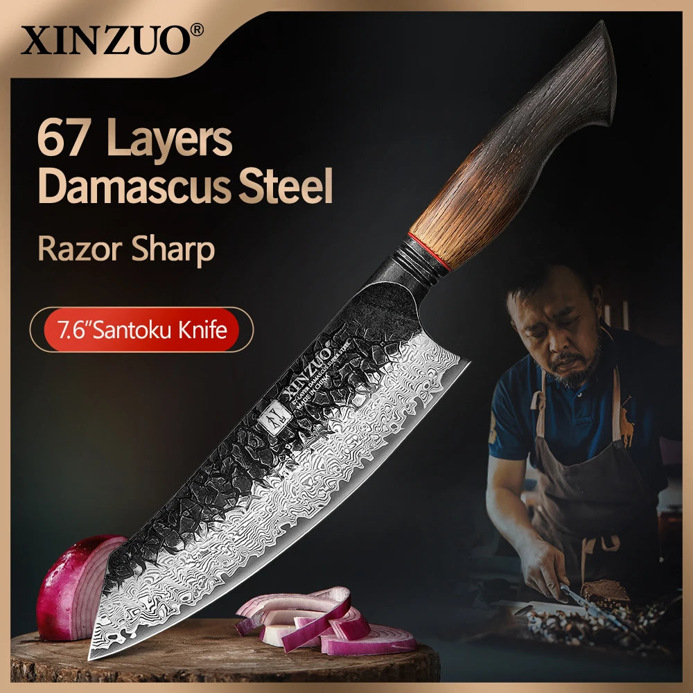 XINZUO 7.6" 67-Layer Damascus Santoku Knife – Oak & G10 Handle Damascus Santoku Knife Axl China Mainland 7.5 inch
