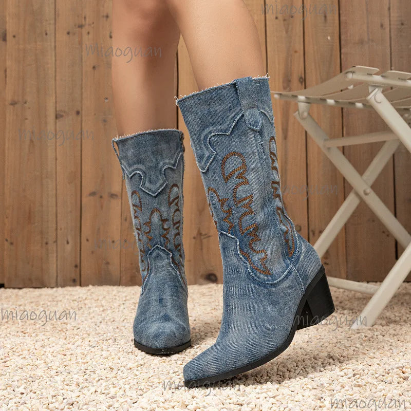 Women's Western Embroidered Mid-Calf Cowboy Boots – Plus Size Women's Cowboy Boots Axl