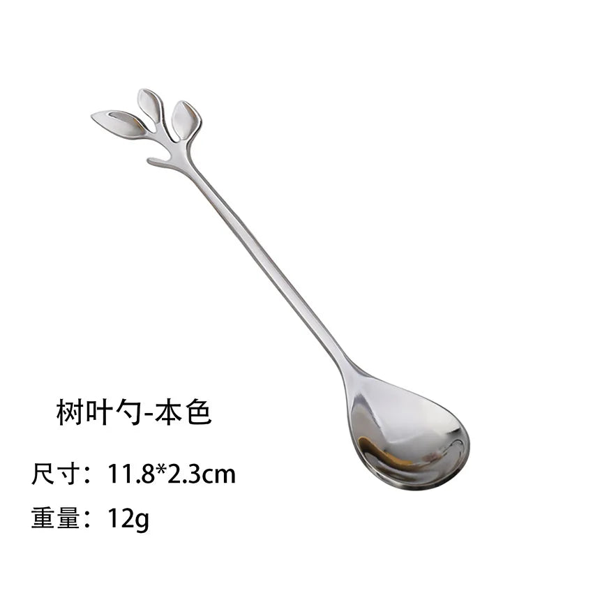 Leaf-Shaped Zinc Alloy Dessert Fork & Spoon | 12cm Cutlery Decorative Dessert Cutlery Axl spoon-silver