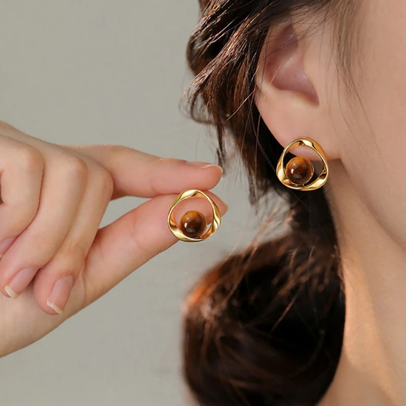 Huitan Tiger Eye Stud Earrings – Geometric Women's Jewelry Stud Earrings Axl
