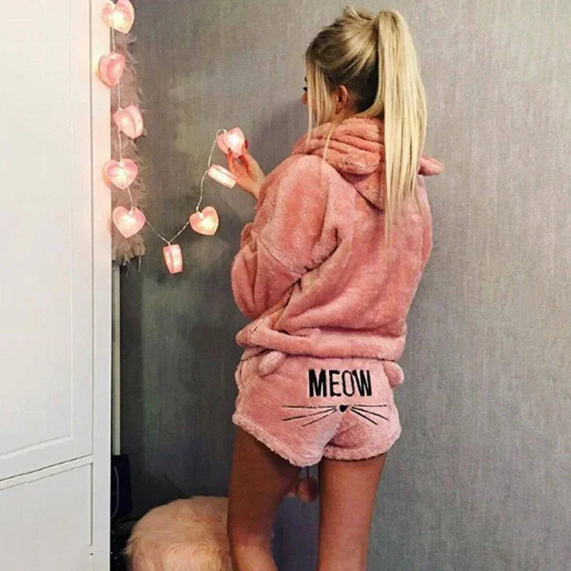 Women's Coral Velvet Hoodie Pajama Set – Cute Cat Print Pajama Set Axl out of stock S