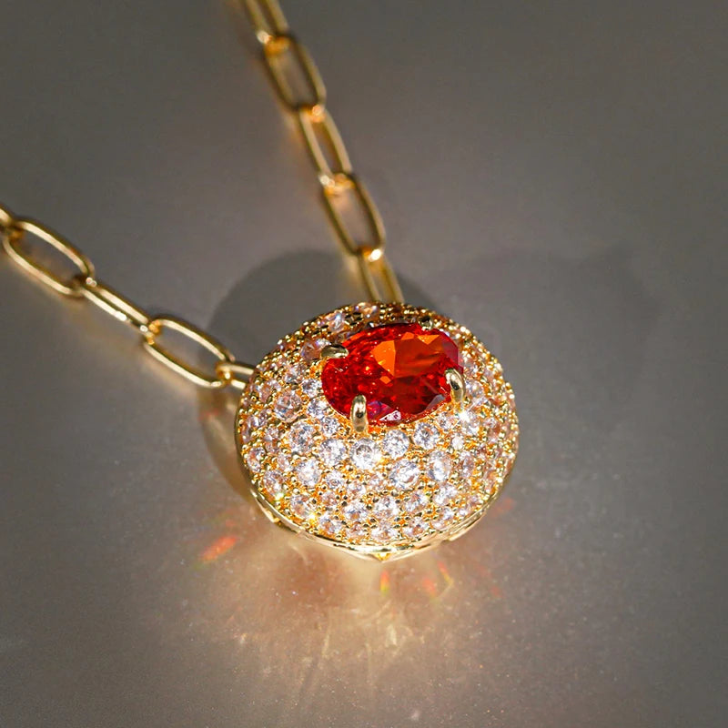 Huitan Orange Red CZ Oval Pendant Necklace | Paperclip Chain CZ Pendant Necklace Axl