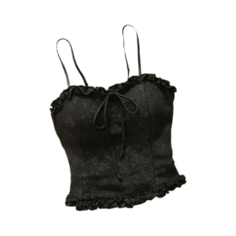 Women's Ruffle Bowknot Lace Crop Camisole Top | Slim Fit Summer Lace Crop Camisole Axl