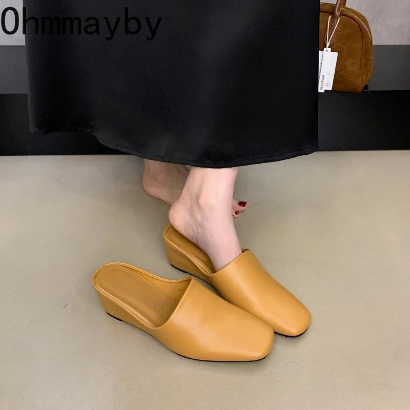 Women's Wedge Heel Mules – Square Toe Slip-On Slide Sandals Wedge Mule Sandals Axl