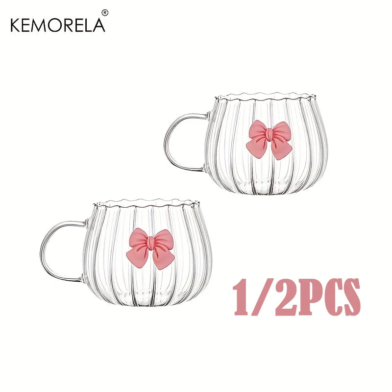 Glass Pumpkin Coffee Mugs with Pink Bows & Handle | 1–2 Pack Glass Coffee Mug Axl