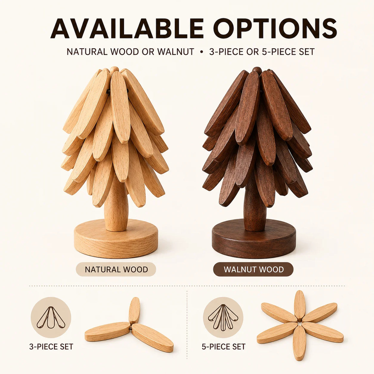 Uwhise Wooden Tree Trivet Set – Foldable Heat-Resistant Mat 3/5 Pc Wooden Trivet Set Axl
