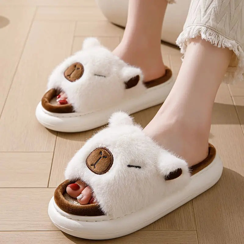 Women's Fluffy Faux Fur Animal Slippers – Open Toe Indoor Slides Faux Fur Slippers Axl