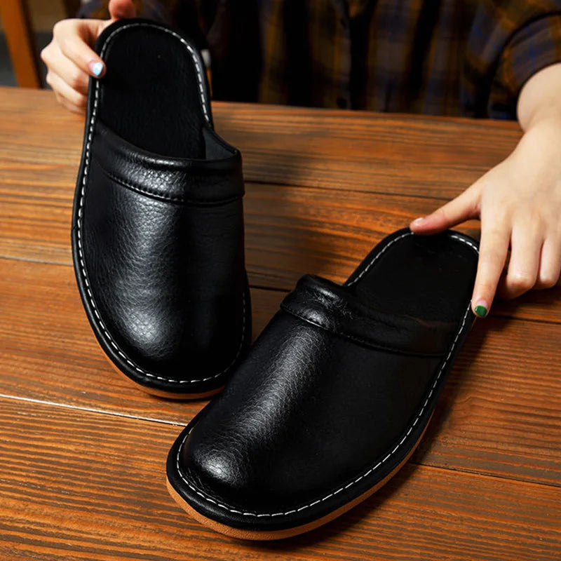Lorilury Unisex Indoor Leather Slippers – Flat Mule House Shoes Indoor House Slippers Axl Black 35-36