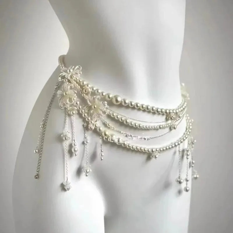 Multilayer Pearl Waist Chain Belt – Y2K Retro Women's Fashion Pearl Waist Chain Belt Axl