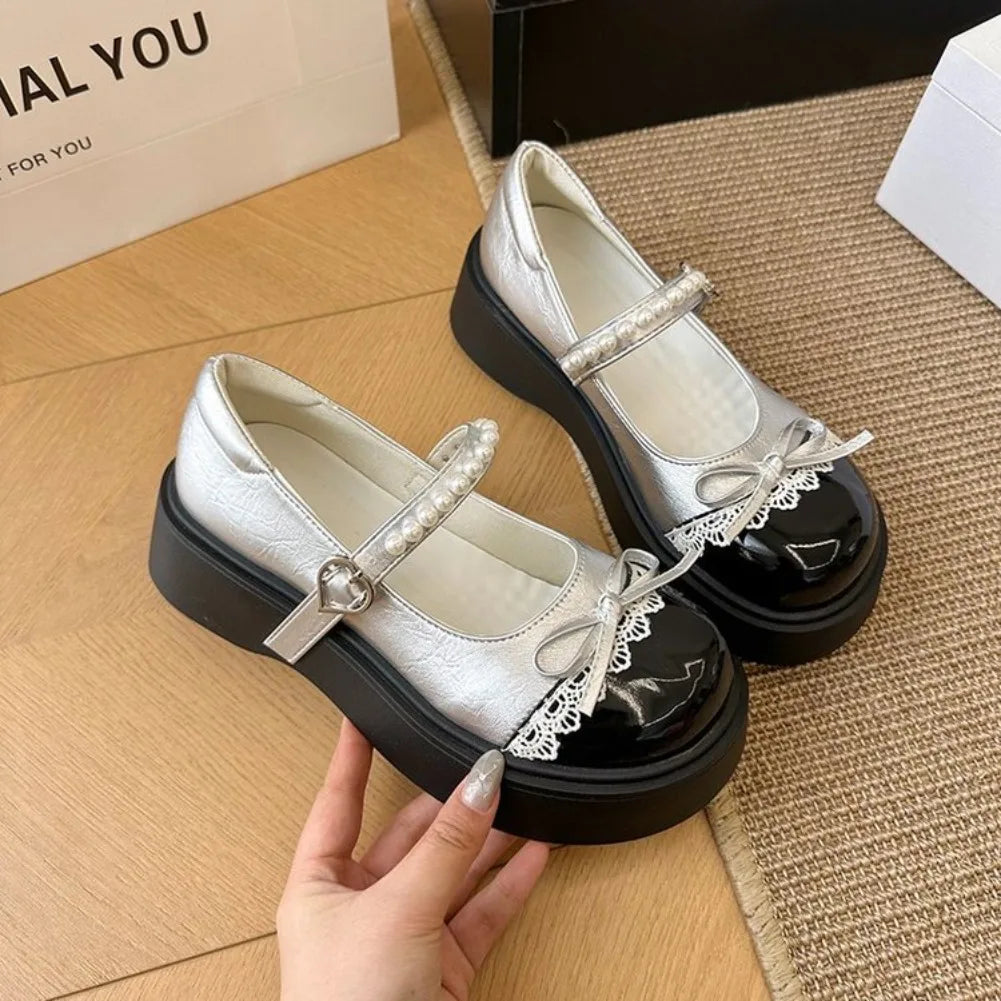 Women's Retro Silver Mary Jane Flats – Thick Soft Sole Shoes Mary Jane Flats Axl