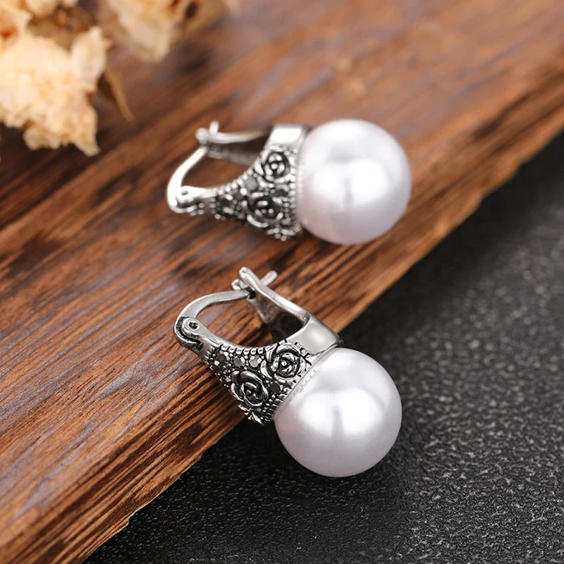 Huitan Vintage Simulated Pearl Drop Earrings | Rhinestone Jewelry Drop Earrings Axl