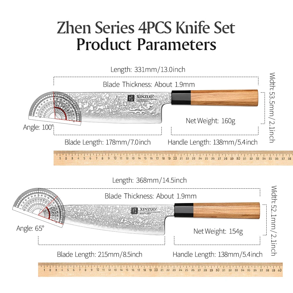 XINZUO 4-Piece 67-Layer Damascus Steel Knife Set | Olive Wood Damascus Knife Set Axl