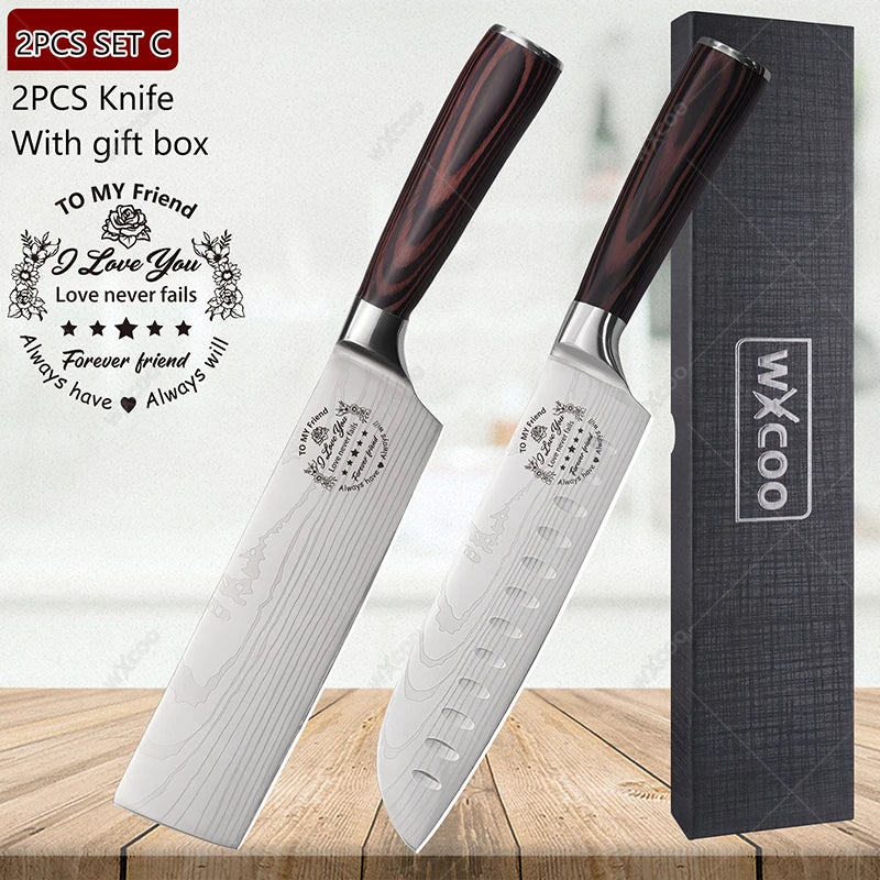 WXCOO Japanese Chef Knife 5Cr15Mov Steel Santoku Boning Knife Chef Kitchen Knife Axl 2PCS SET C