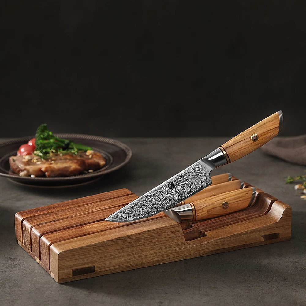 XINZUO 5-Pc Damascus Steak Knife Set | Olive Wood & Acacia Tray Steak Knife Set Axl
