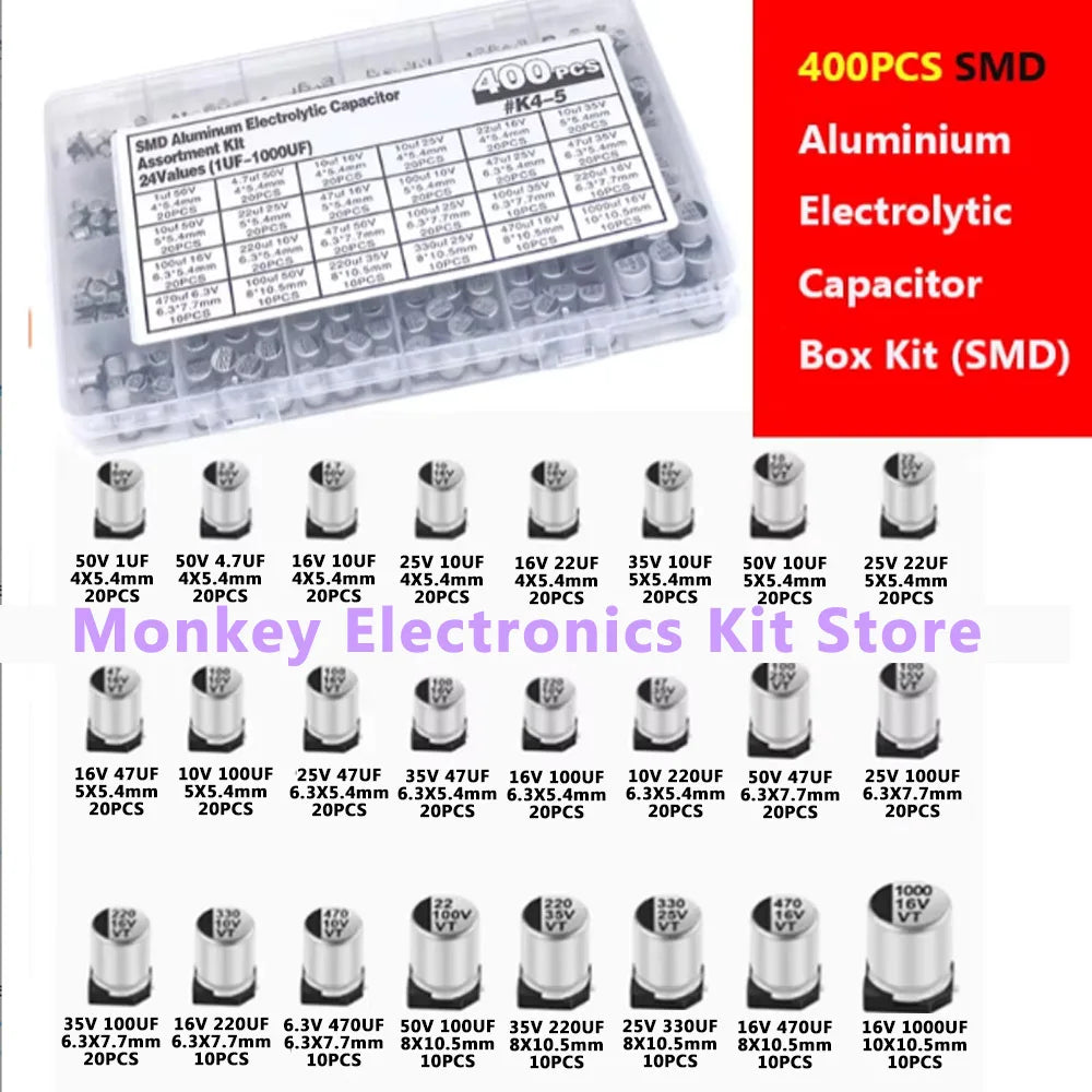 400PCS SMD Electrolytic Capacitor Kit 1µF–1000µF 24 Values Box Capacitor Assortment Kit Axl