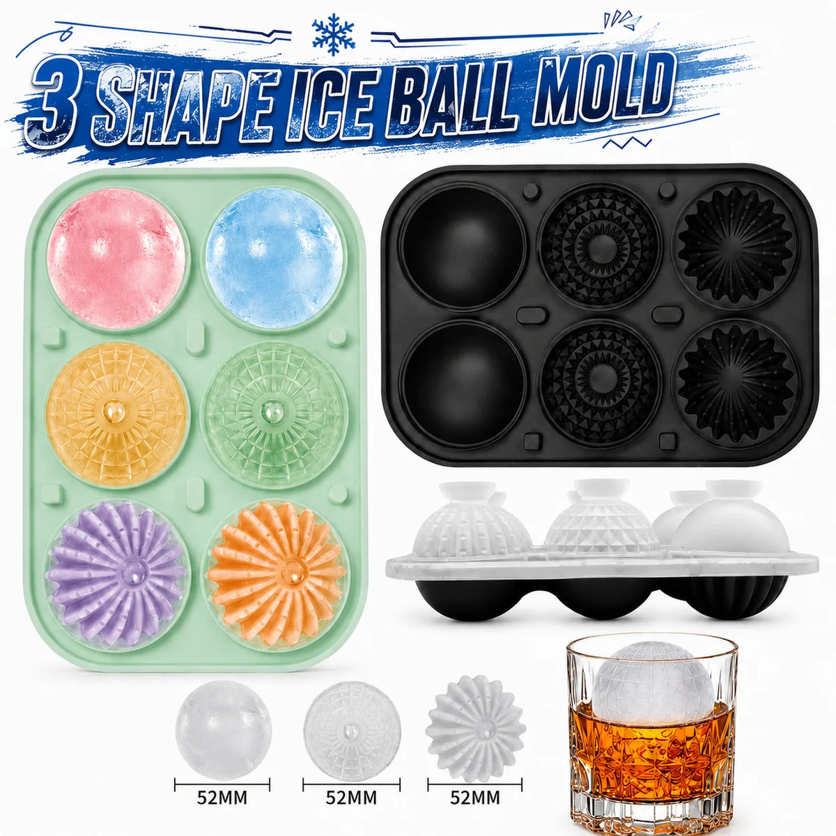 Large Whiskey Ice Ball Mold – 6 Cavity Sphere & Diamond Silicone Silicone Ice Ball Mold Axl