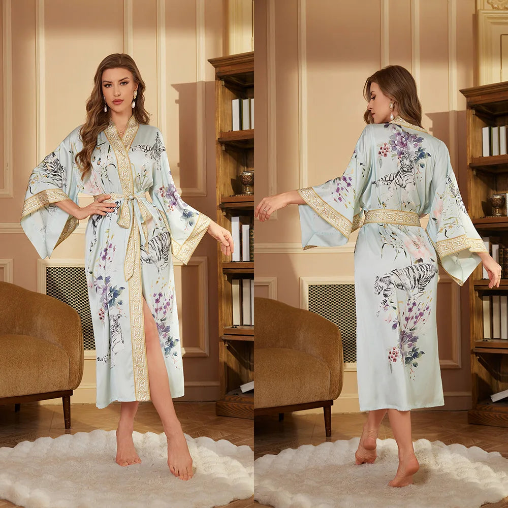 Women's Satin Floral Robe – Long Sleeve Lace-Up Bathrobe Satin Bathrobe Axl 3402-1 One Size