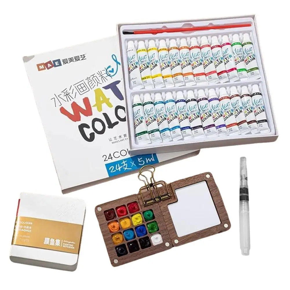 Mini Travel Watercolor Paint Set – Nano Wood Palette 12/24 Colors Watercolor Paint Set Axl H Set