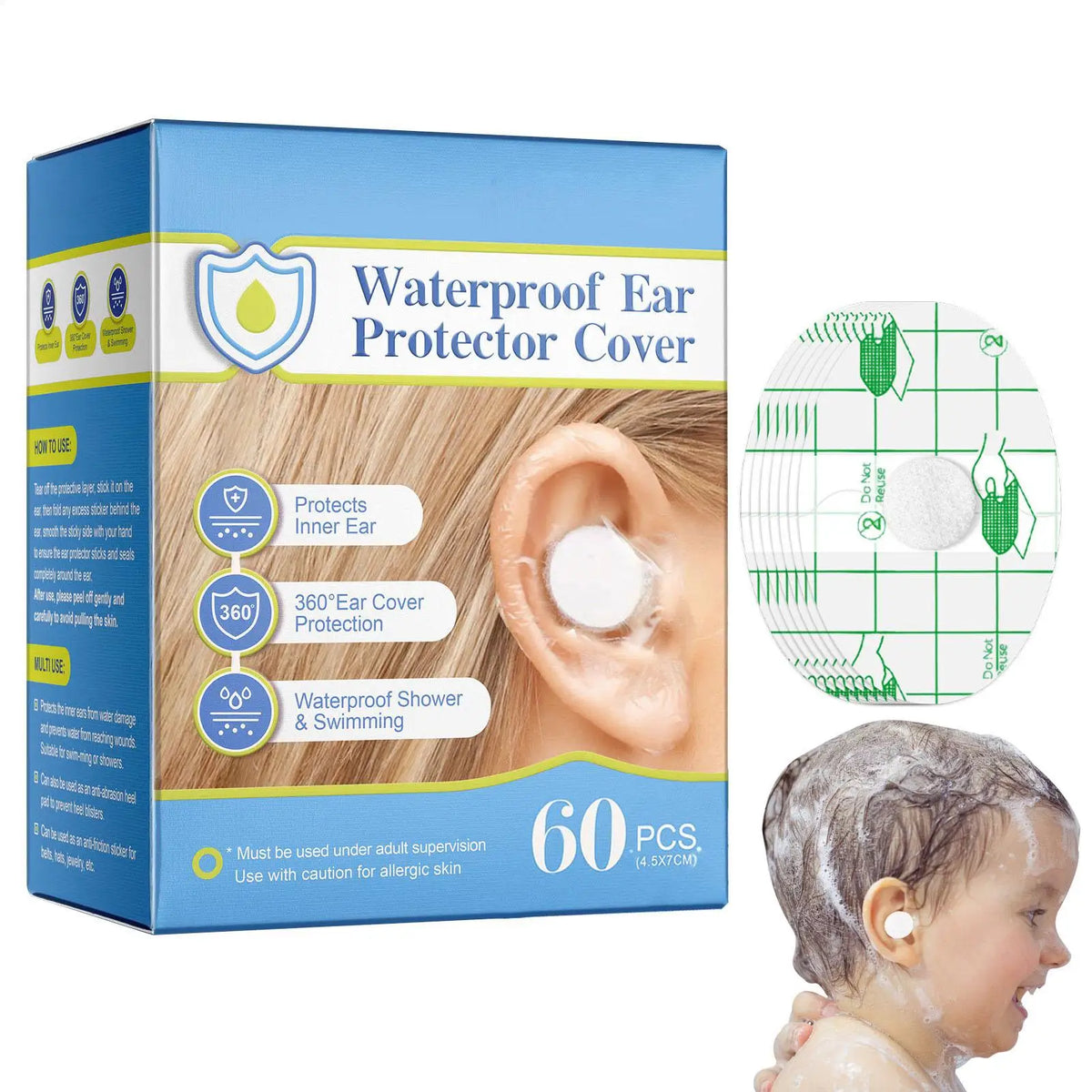 60-Pack Waterproof Ear Stickers for Kids & Adults – Bath & Swim Waterproof Ear Covers Axl