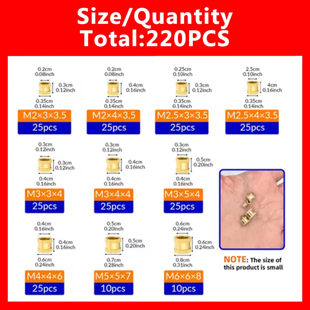 220 PCS Brass Heat Insert Nuts M2–M6 Knurled Embedment Kit Heat Insert Nut Kit Axl