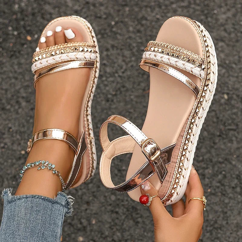 Women's Plus Size Rivet Wedge Sandals Gold Ankle Strap Platform Wedge Platform Sandals Axl