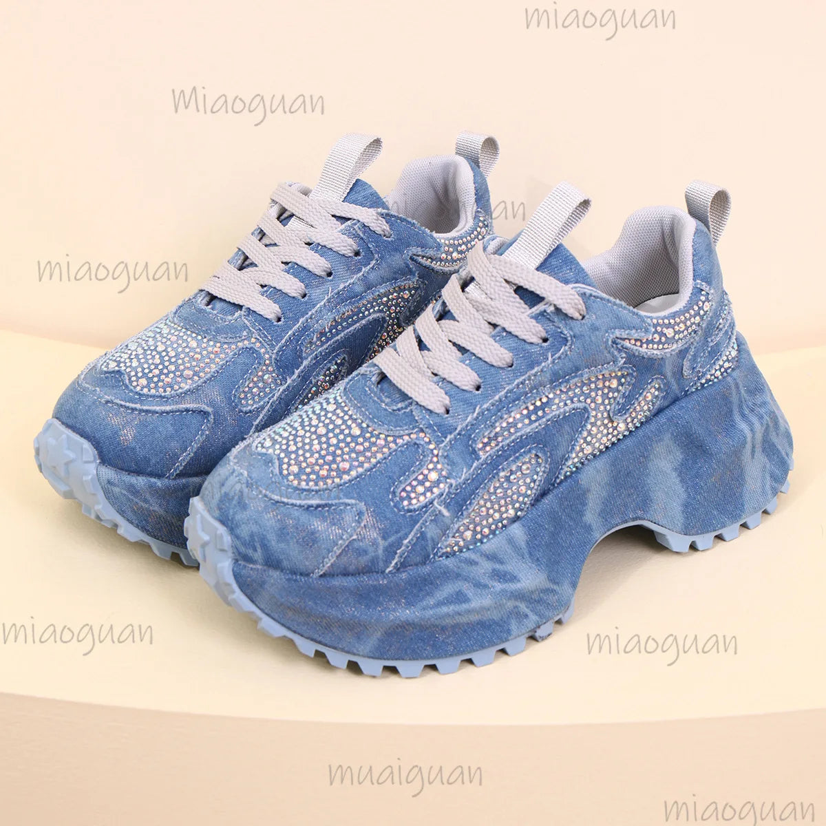 Women's Rhinestone Chunky Platform Sneakers | Denim Canvas Platform Sneakers Axl