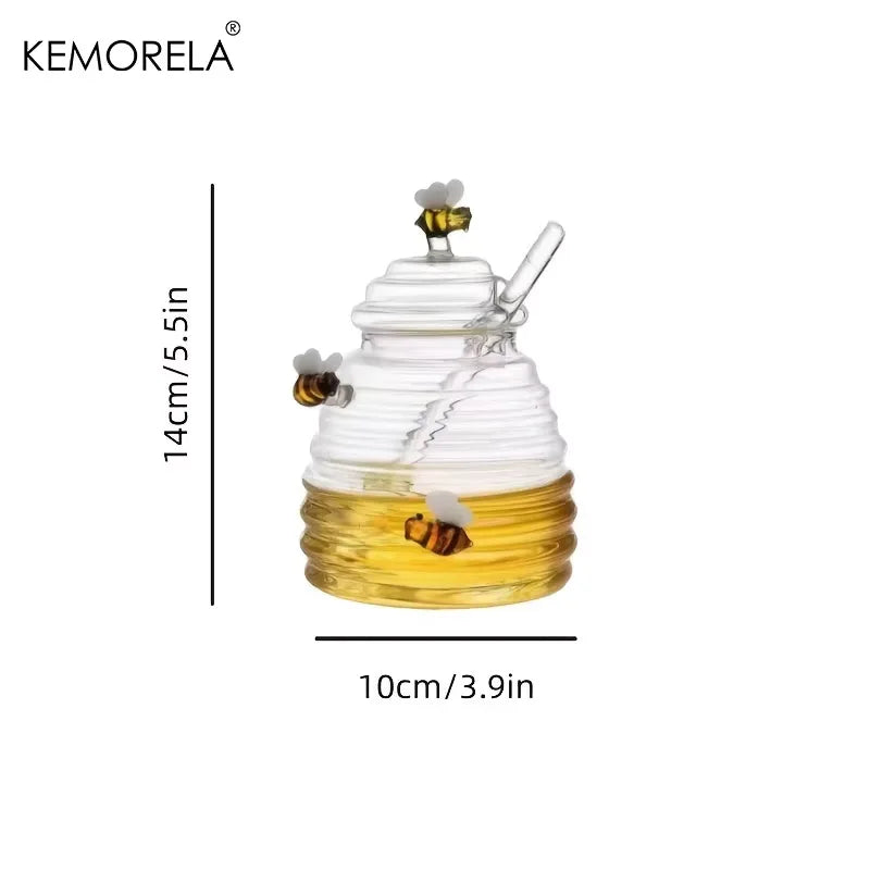 Glass Honeycomb Honey Jar with Dipper & Lid | KEMORELA Honey Storage Jar Axl 1PCS