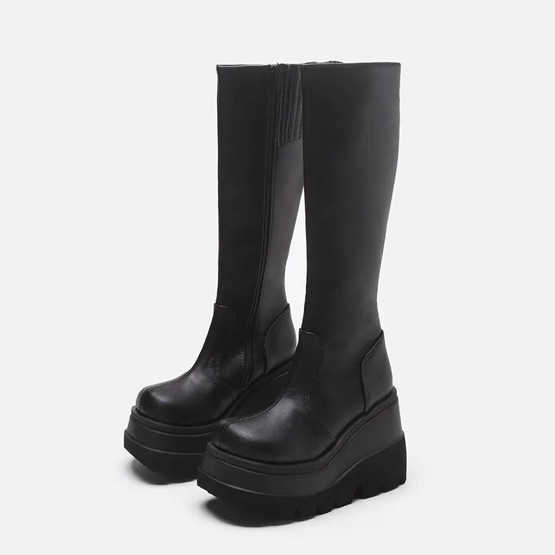 Women's Punk Platform Mid-Calf Boots – Gothic Wedge Motorcycle Platform Motorcycle Boots Axl 42 H15-black