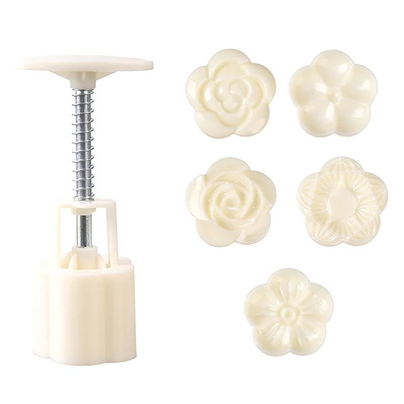 Mooncake Mold Set with 5 Stamps – DIY Mid-Autumn Baking Tool Baking Mold Set Axl White