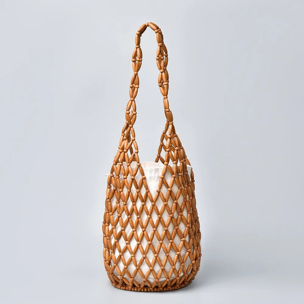 Women's Woven Wooden Bead Tote Bag – Hollow-Out Bucket Shoulder Woven Tote Bag Axl Brown