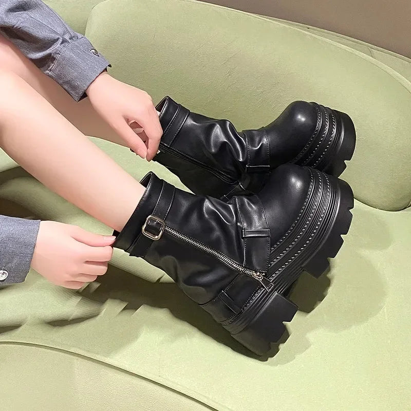 Women's Chunky Platform Ankle Boots 10CM Block Heel Punk Platform Ankle Boots Axl