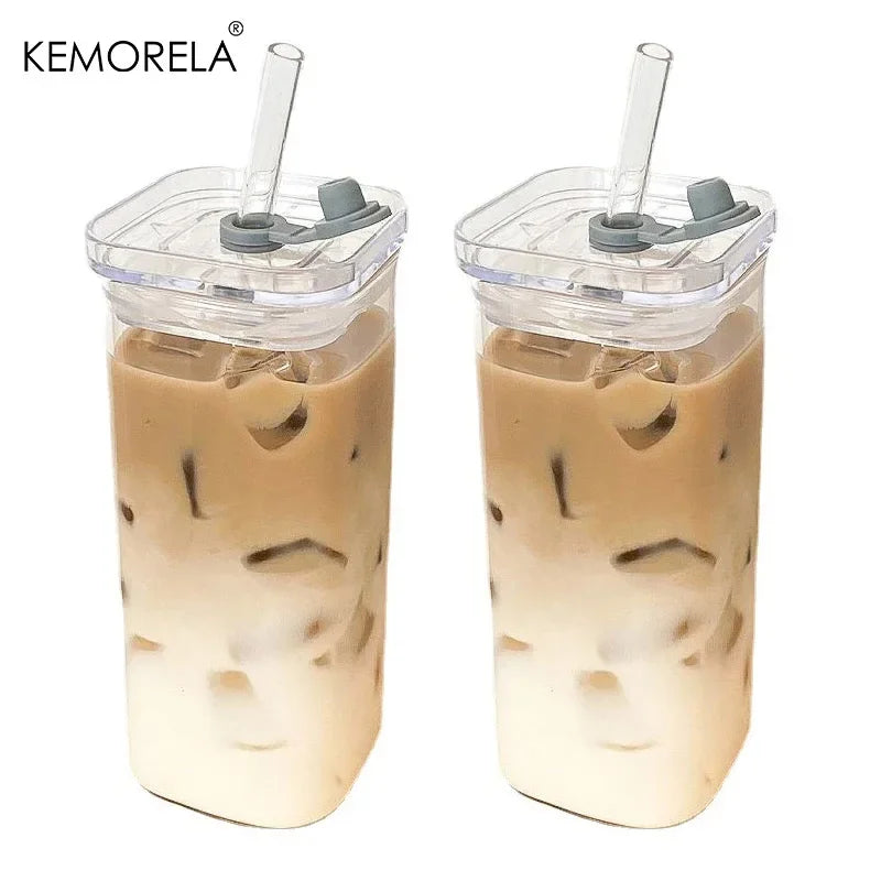 Square Heat-Resistant Glass Cup with Lid & Straw | KEMORELA Glass Drinkware Set Axl 2PCS 301-400ml