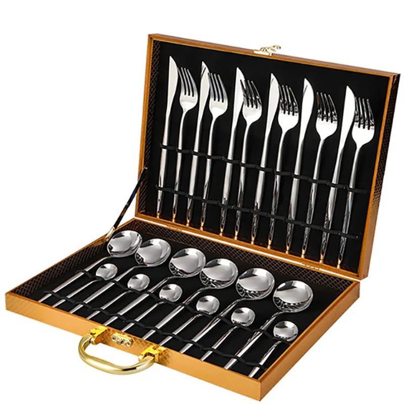 24-Piece Gold Stainless Steel Cutlery Set for 6 | Gift Box Flatware Cutlery Set Axl Silver box