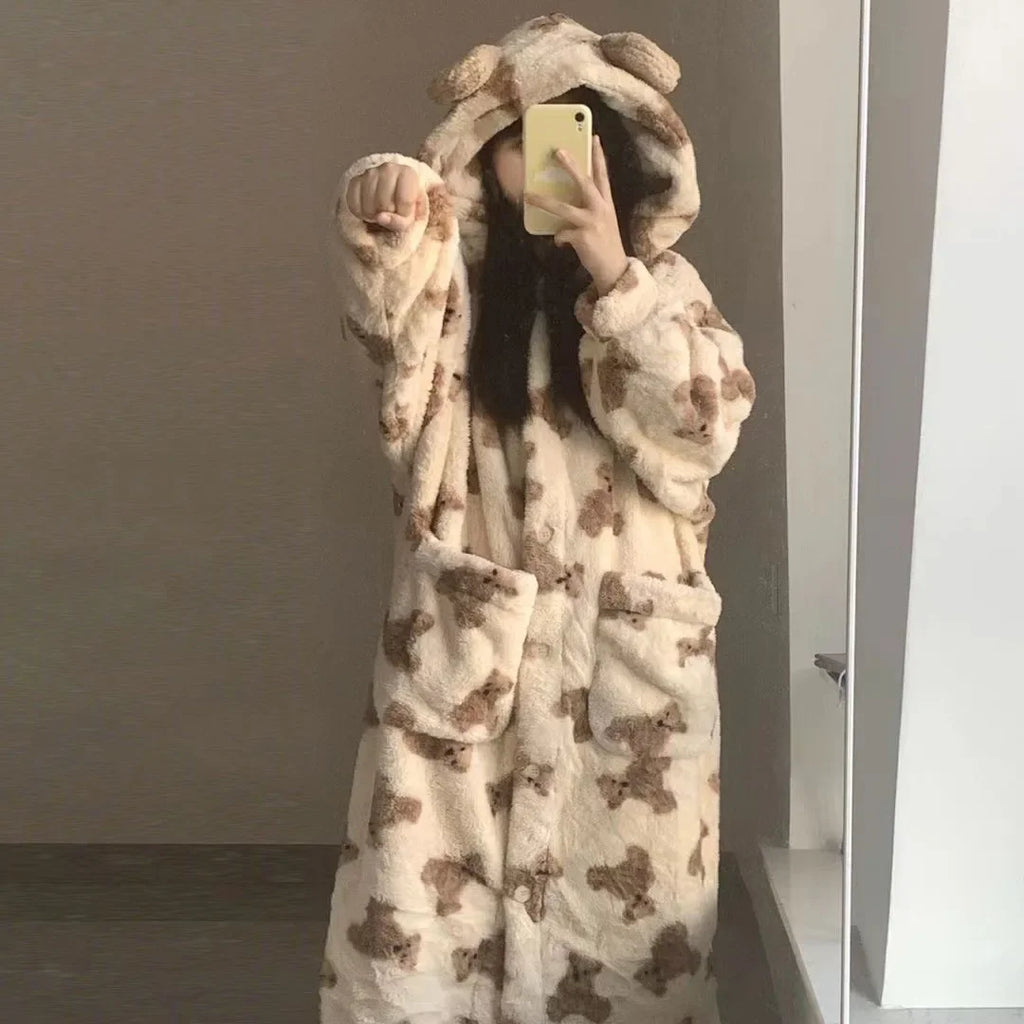 Women's Hooded Flannel Pyjama Set – Cute Bear Fluffy Robe Hooded Pyjama Set Axl robe pant XXL
