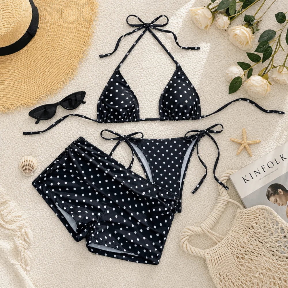 Women's 3-Piece Halter Bikini Set – Deep V Lace-Up Swimsuit 3-Piece Bikini Set Axl
