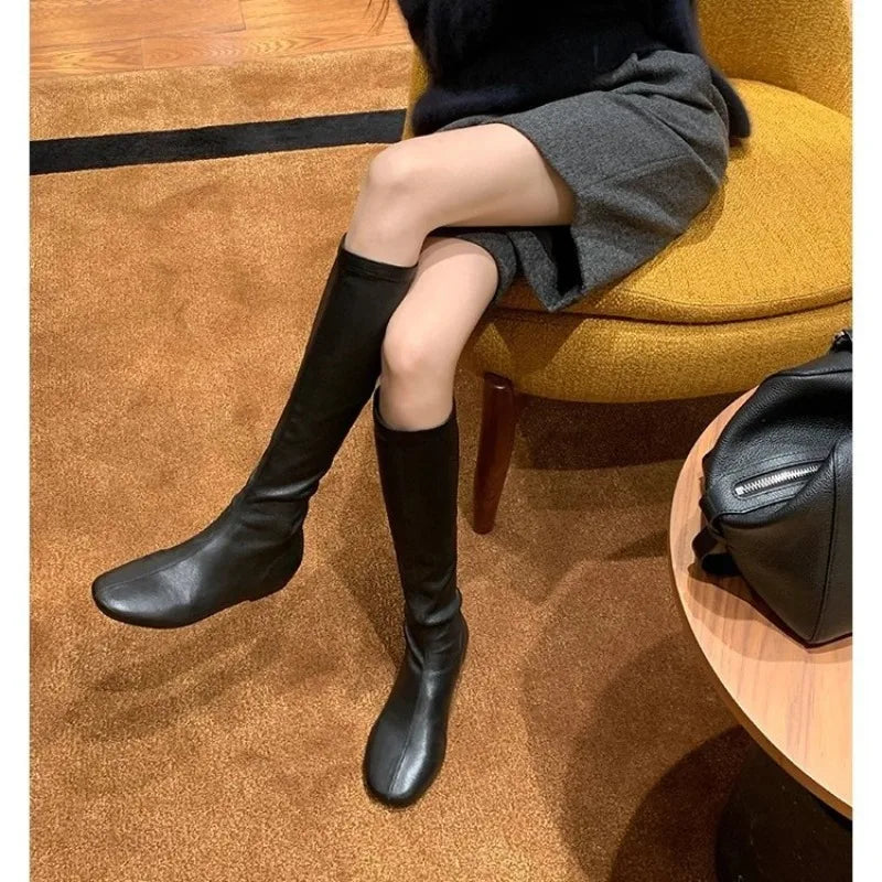 Women's Gothic Punk Knee-High Boots – Slip-On Split Leather Knee-High Boots Axl