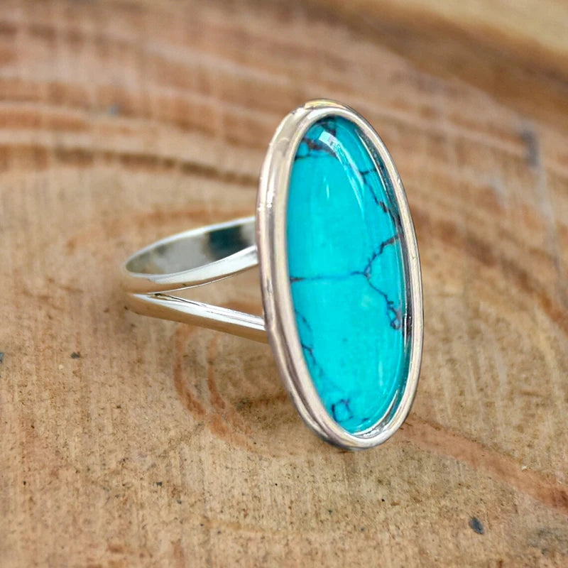 Huitan Oval Imitation Turquoise Bohemian Ring for Women Fashion Ring Axl